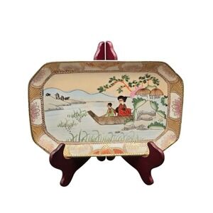 Vintage Nippon Hand-Painted Porcelain Tray Display‎ Trinket Dish Lake Scene Boat